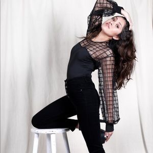 Black Cage Sleeve Chiffon, Solid Bodice